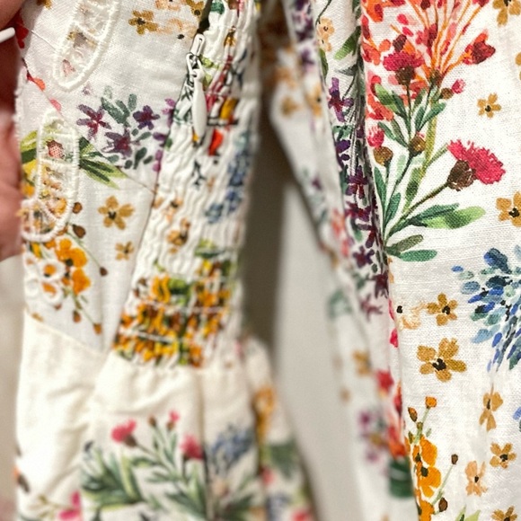 FARM RIO Floral Mini Dress Lace Inset Boho Size XS Cream Linen Blend - Picture 9 of 12